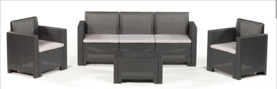 SALA Modelo: SET ALABAMA 3-1-1 CON MESA DE CENTRO  Marca: MERKATARI Material: PLASTICO Color: Gris Oscuro